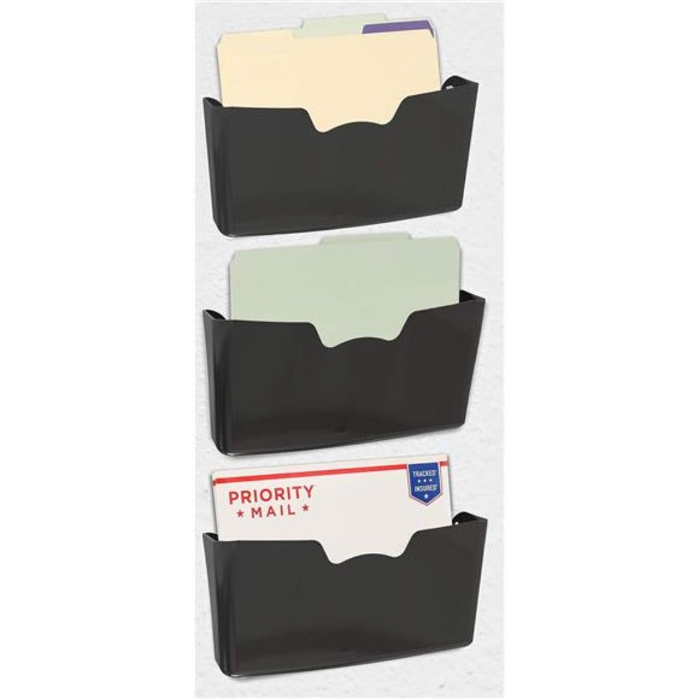 3 Pack - Simple Houseware Plastic Single Pocket Wall Mount File Holder, Black